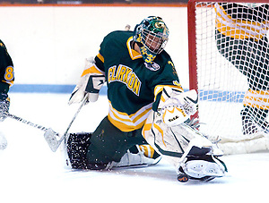 Goaltender Paul Karpowich (Clarkson - 33) makes a save during the first period of Clarkson's 5-3 victory over Princeton. (Shelley M. Szwast)