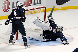 2010 IIHF World U20 Championship - #1 Jack Cambpell made this acrobatic save late in the game; Copyright 2010 Angelo Lisuzzo (Angelo Lisuzzo)