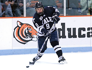 Brian O'Neill (Yale - 9) sends the puck through the neutral zone. Princeton University hosted the Yale Bulldogs at Hobey Baker Rink in Princeton, NJ. After falling to an early 3-0 deficit, the Yale Bulldogs rallied to defeat Princeton 5-4. (Shelley M. Szwast)