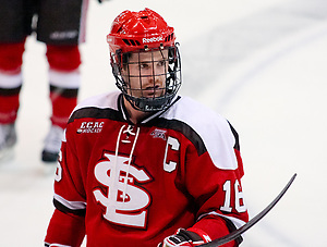 Kyle Flanagan (St. Lawrence - 16) looks to the bench during a stoppage in play. St. Lawrence defeated Princeton 3-2 at Hobey Baker Rink in Princeton, NJ. (Shelley M. Szwast)