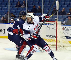 Boston University forward Matt Lane (right) skates for Team McClanahan in the inaugural CCM/USA Hockey All-American Prospects Game at the First Niagara Center in Buffalo, N.Y., on Saturday, Sept. 29, 2012. (Dan Hickling)