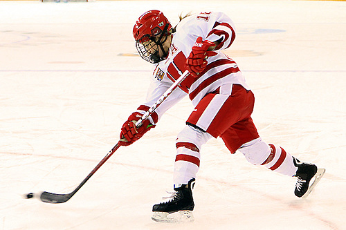 Wisconsin's Brianna Decker fires the puck vs Boston College in the NCAA Semifinal in Duluth. (2012 Dave Harwig)