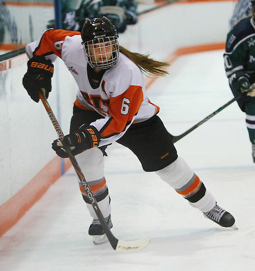 RIT forward Tenecia Hiller skates alongside the boards against Mercyhurst during the first period at Ritter Arena in Rochester, New York on Friday, September 28, 2012. The Tigers plays in their first-ever game as a Division I member. (Dylan Heuer/© Dylan Heuer 2012)