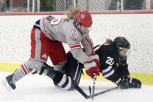 FEB 23 2013: Danielle Gagne (OSU - 19), Emilia Andersson (MSU - 20)  Ohio State beats Minnesota State 4-3 in a shootout at the OSU Ice Rink in Columbus, OH. (USCHO - Rachel Lewis) (©Rachel Lewis)