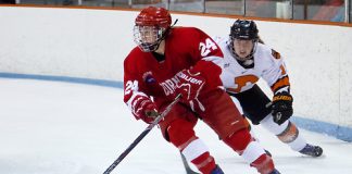 Hayleigh Cudmore (Cornell -24) plays the puck away from Cristin Shanahan (Princeton -19). (Shelley M. Szwast)