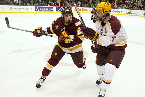 24-25 Jan 14: Caleb Herbert (Minnesota Duluth - 21), Nate Condon (Minnesota - 16). Scenes from the inaugural North Star College Cup at the Xcel Energy Center in St. Paul, MN. (Jim Rosvold)