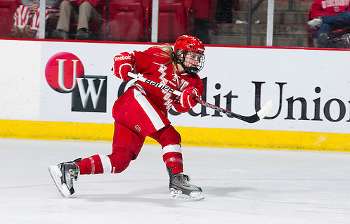 Wisconsin Badgers Brittany Ammerman (10) shoots the puck during an NCAA women's hockey game against the Boston University Terriers on October 29, 2011 in Madison, Wisconsin. The Badgers 6-1. (Photo by David Stluka) (David Stluka)