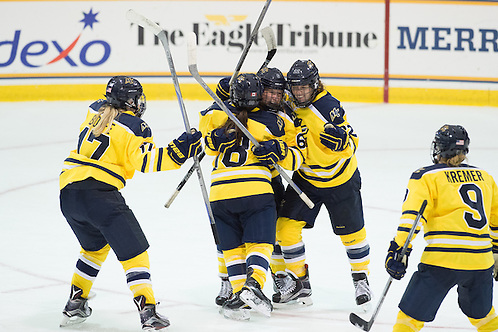 (L-R) Jessica Bonfe, Paige Voight, Marie Delarbre, and Dominique Kremer celebrate a goal against St. Cloud State on Oct. 2, 2015 (Mike Gridley/Photo: Mike Gridley)