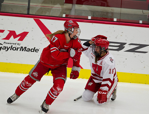 12 Jan 13: Julia McKinnon (Ohio State - 17) Saige Pacholok (Wisconsin - 16) The University of Wisconsin Badgers host the Ohio State Buckeyes at La Bahn Arena in Madison, WI. (Dan Sanger)