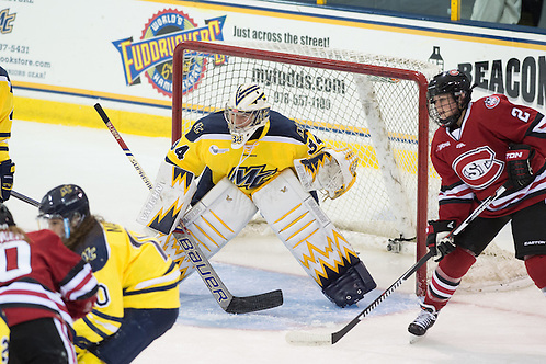 Samantha Ridgewell in net for Merrimack against St. Cloud State on Oct. 2, 2015 (Mike Gridley/Photo: Mike Gridley)