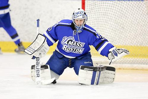 Senior Billy Faust made 42 saves, including 15 in the third period, to back Massachusetts-Boston's 2-0 upset win over Hobart on Saturday night. (Paul Brandon Photography)