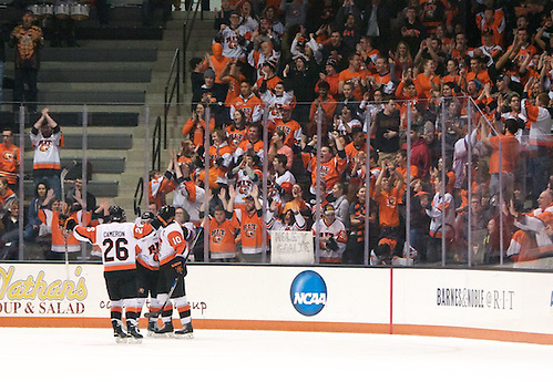 RIT players and fans celebrate a first period goal by Brady Norrish (10 - RIT) (Omar Phillips)