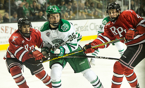 Joel Janatuinen (North Dakota-25) Charlie Manley (RPI-5)   16 October 15 RPI and University of North Dakota meet in a non conference contest at the Ralph Engelstad Arena in Grand Forks, ND (Bradley K. Olson)