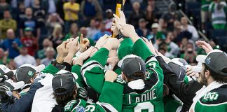 The Quinnipiac University Bobcats and University of North Dakota Fighting Hawks play for the 2016 D1 National Championship on Saturday, April 9, 2016, at Amalie Arena in Tampa, Florida. (Melissa Wade)
