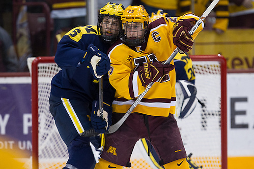 14 Jan 16:  Griffin Luce (Michigan -5), Justin Kloos (Minnesota - 25).  The University of Minnesota Golden Gophers host the University of Michigan Wolverines in a B1G matchup at Mariucci Arena in Minneapolis, MN. (Jim Rosvold)