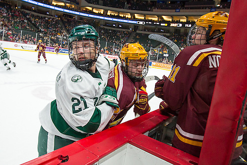 28 Jan 17: Gerry Fitzgerald (Bemidji State - 21), Tyler Sheehy (Minnesota - 22). The Bemidji State Beavers play against the University of Minnesota Golden Gophers in the third place game of the North Star College Cup at the Xcel Energy Center in St. Paul, MN. (Jim Rosvold)