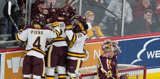 27 Jan 17: The University of Minnesota Golden Gophers play against the University of Minnesota Duluth Bulldogs in a quarterfinal game of the North Star College Cup at the Xcel Energy Center in St. Paul, MN. (Jim Rosvold)