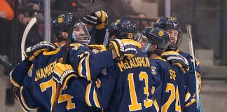 Canisius players celebrate a third period goal in a 3-1 win at RIT (Omar Phillips)