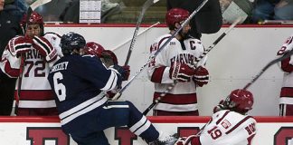 The Harvard University Crimson defeated the Yale University Bulldogs 6-4 in the opening game of their ECAC quarterfinal series on Friday, March 11, 2017, at Bright-Landry Hockey Center in Boston, Massachusetts. (Melissa Wade)