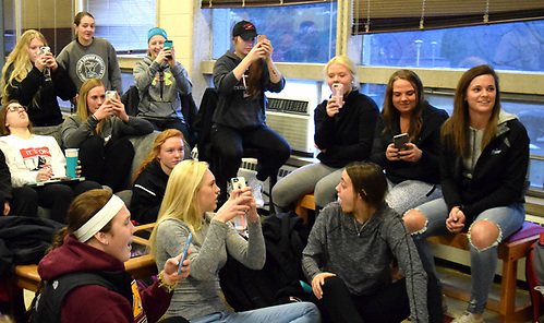 Wisconsin-River Falls players watching the 2017 NCAA tournament selection show. (Nicole Haase)