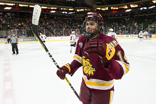 28 Jan 17: Alex Iafallo (Minnesota Duluth - 14). The University of Minnesota Duluth Bulldogs play against the St. Cloud State University Huskies in the Championship game of the North Star College Cup at the Xcel Energy Center in St. Paul, MN. (Jim Rosvold)