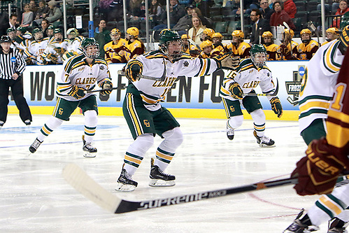 Ella Shelton (center) celebrates a Clarkson goal in the third period of a 2017 NCAA Frozen Four semifinal at Family Arena in St. Charles, Mo. (Don Adams Jr.)