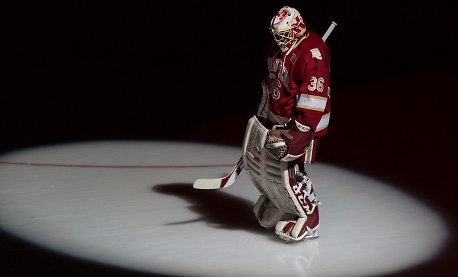 15 March 21 Denver Pioneers and the University of North Dakota meet in the third place game National Collegiate Hockey Conference Tournament match-up at the Target Center in Minneapolis,Minnesota Tanner Jaillet  (Denver-36) (Bradley K. Olson)