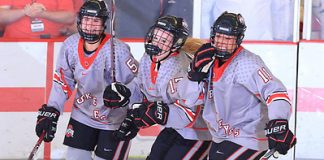 From L-R: Charly Dahlquist, Emma Maltais, and Tatum Skaggs of Ohio State. (www.BigTenPhoto.com / Walt Middleton Photography 2011)