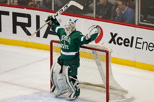 23 Jan 16:  Michael Bitzer (Bemidji State - 1).  The University of Minnesota Golden Gophers play against the Bemidji State University Beavers in a North Star College Cup semifinal matchup at the Xcel Energy Center in St. Paul, MN. The University of Minnesota Golden Gophers play against the Bemidji State University Beavers in a North Star College Cup semifinal matchup at the Xcel Energy Center in St. Paul, MN. (Jim Rosvold)