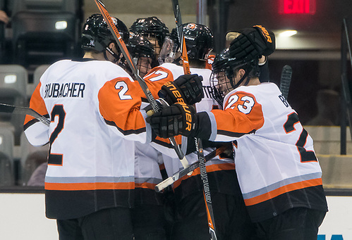 RIT players celebrate a second period goal in a 5-3 win over Robert Morris (2017 Omar Phillips)
