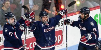 Miles Gendron (UConn - 10), Alexander Payusov (UConn - 19) and Karl El-Mir (UConn - 16) celebrate Payusov