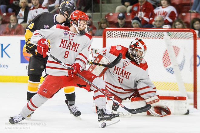 NOV 4, 2017: Chaz Switzer (MIA - 8). The Miami RedHawks lose to the Colorado College Tigers 2-1 Satuday, November 4, 2017 at Steve Cady Arena in Oxford, OH. (Rachel Lewis/©Rachel Lewis)