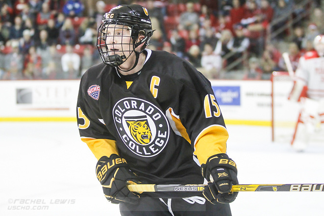 NOV 4, 2017: Mason Bergh (CC - 15). The Miami RedHawks lose to the Colorado College Tigers 2-1 Satuday, November 4, 2017 at Steve Cady Arena in Oxford, OH. (Rachel Lewis/©Rachel Lewis)