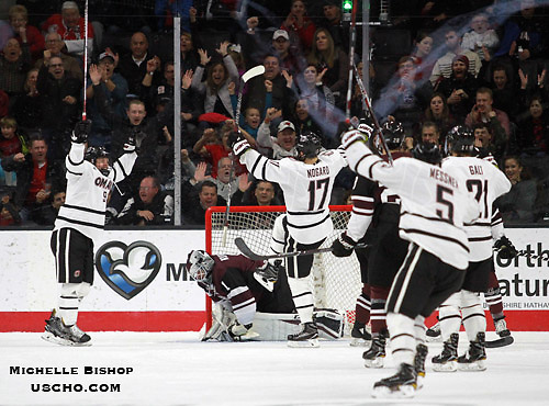 Omaha celebrates Luke Nogard's (17) goal during the second period. Omaha beat Union 5-3 Saturday night at Baxter Arena. (Photo by Michelle Bishop) (Michelle Bishop)
