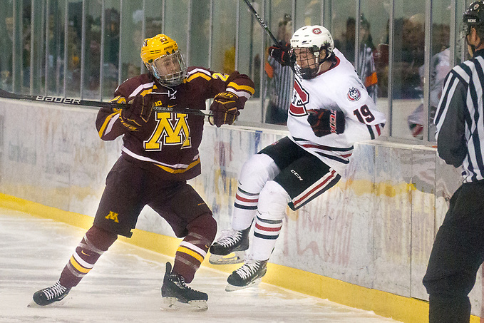 6 Jan 18:  Tyler Nanne (Minnesota - 29), Mikey Eyssimont (St. Cloud - 19). The St. Cloud State University Huskies host the University of Minnesota Golden Gophers in a NCHC matchup at the Herb Brooks National Hockey Center in St. Cloud, MN. (Jim Rosvold)