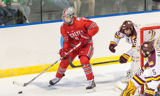 Tanner Laczynski (Ohio State - 9) 24 March 17 Ohio State and University of Minnesota Duluth meet in the NCAA West Region at Scheels Arena Fargo, ND (Bradley K. Olson)