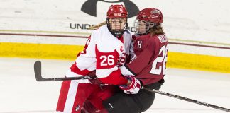 The Boston University Terriers defeated the Harvard University Crimson 3-2 in the opening game of the 2018 Beanpot at Kelley Rink in Conte Forum in Chestnut Hill, Massachusetts. (Melissa Wade)