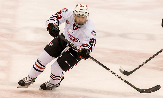 Robby Jackson (SCSU-23) 2018 Jan. 12 The St.Cloud State University Huskies host Western Michigan in a NCHC matchup at the Herb Brooks National Hockey Center in St. Cloud, MN (Bradley K. Olson)