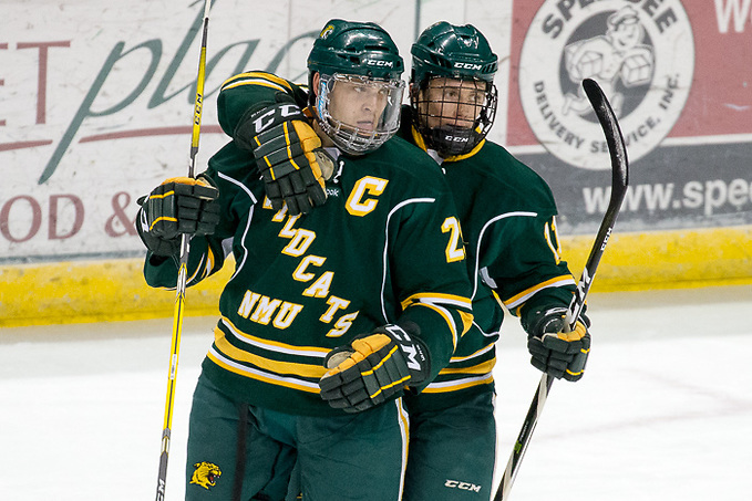 08 Dec 17: Justin Baudry (Bemidji State - 29), Charlie Combs (Bemidji State - 11). The Bemidji State University Beavers host the Northern Michigan University Wildcats in a WCHA Conference matchup at the Sanford Center in Bemidji, MN. (Jim Rosvold)