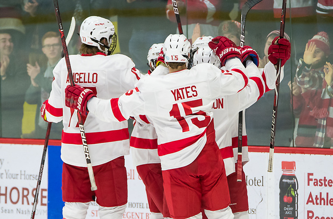Cornell players celebrate a first period goal in a 4-3 win vs Union (2018 Omar Phillips)