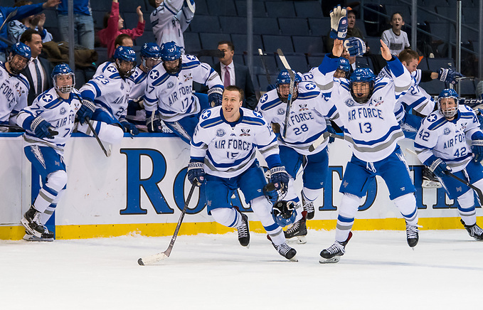 Air Force players react after winning the Atlantic Hockey tournament (2018 Omar Phillips)