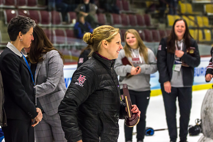 Hamline coach Natalie Darwitz after the Pipers won the third-place game at the 2018 Frozen Four. (Hamline Athletics)