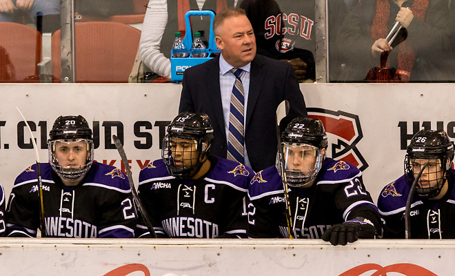 Coach Mike Hastings (Mankato State University Head Coach ) 2018 Jan. 12 The St.Cloud State University Huskies host Mankato State University n a non conference matchup at the Herb Brooks National Hockey Center in St. Cloud, MN (Bradley K. Olson)