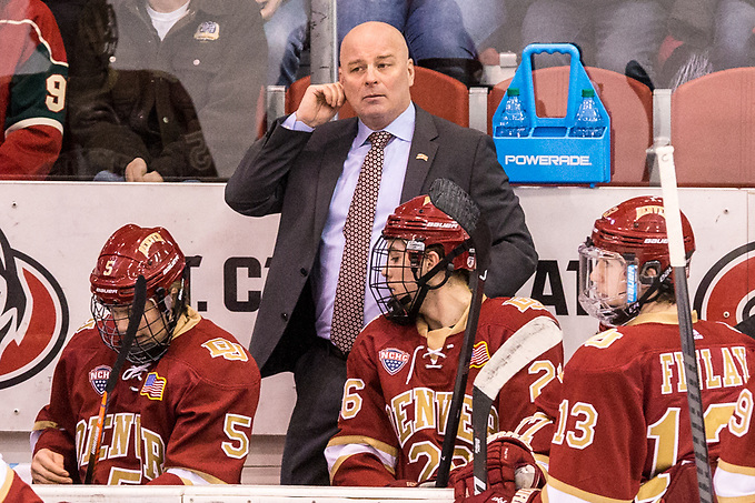 Jim Montgomery Denver Head Coach 2018 Feb. 23 St. Cloud State University hosts Denver University in a NCHC contest at the Herb Brooks National Hockey Center in St. Cloud, MN (Bradley K. Olson)