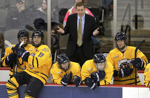 Quinnipiac Head Coach Rand Pecknold questions a call during overtime. Nebraska-Omaha and Quinnipiac skated to a 2-2 tie Friday night at the CenturyLink Center. (Photo by Michelle Bishop) .. (Michelle Bishop)