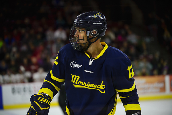 Ludvig Larsson of Merrimack. Merrimack vs. Denver at Magness Arena, Dec. 29. 2017. (Candace Horgan)