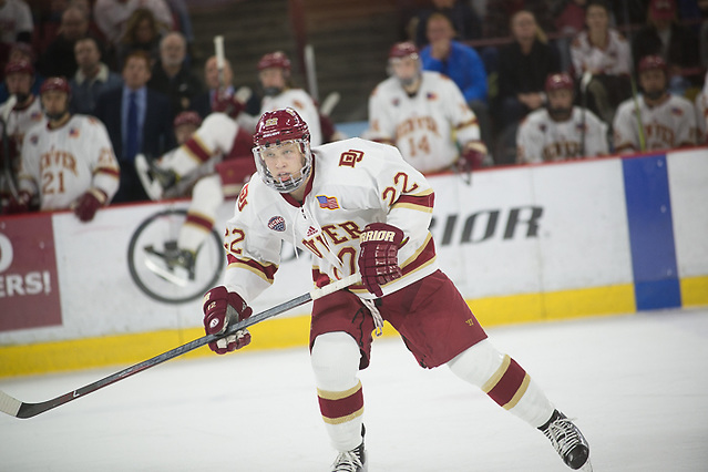 Logan O'Connor of Denver. Omaha vs. Denver at Magness Arena, 01/27/17. (Candace Horgan)