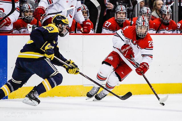 JAN 26, 2018: Mason Jobst (OSU - 26), Quinn Hughes (Michigan - 43) The #6 Ohio State Buckeyes shut out the #20 Michigan Wolverines 4-0 at Value City Arena in Columbus, OH. (Rachel Lewis - USCHO) (Rachel Lewis/©Rachel Lewis)
