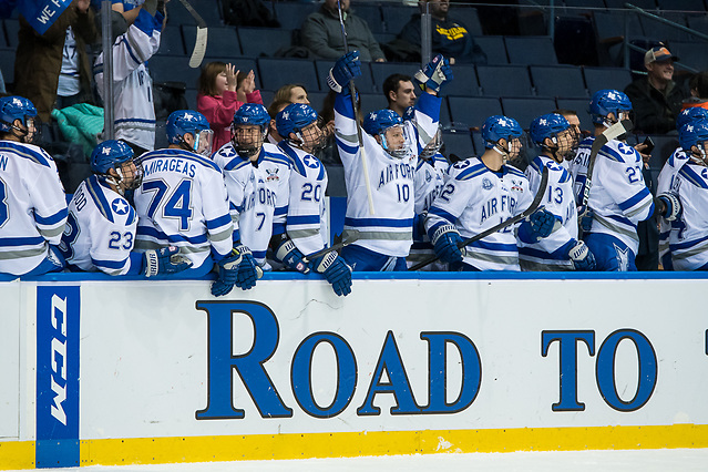 Air Force players celebrate a first period goal, as they lead 3-0 after the first period (2018 Omar Phillips)