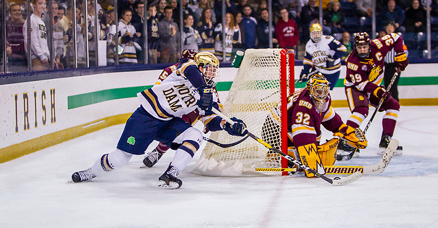 game action between University of Notre Dame vs Minnesota Duluth at Compton Family Ice Arena on October 26, 2018 in South Bend, Indiana. (Mike Miller/Fighting Irish Media)